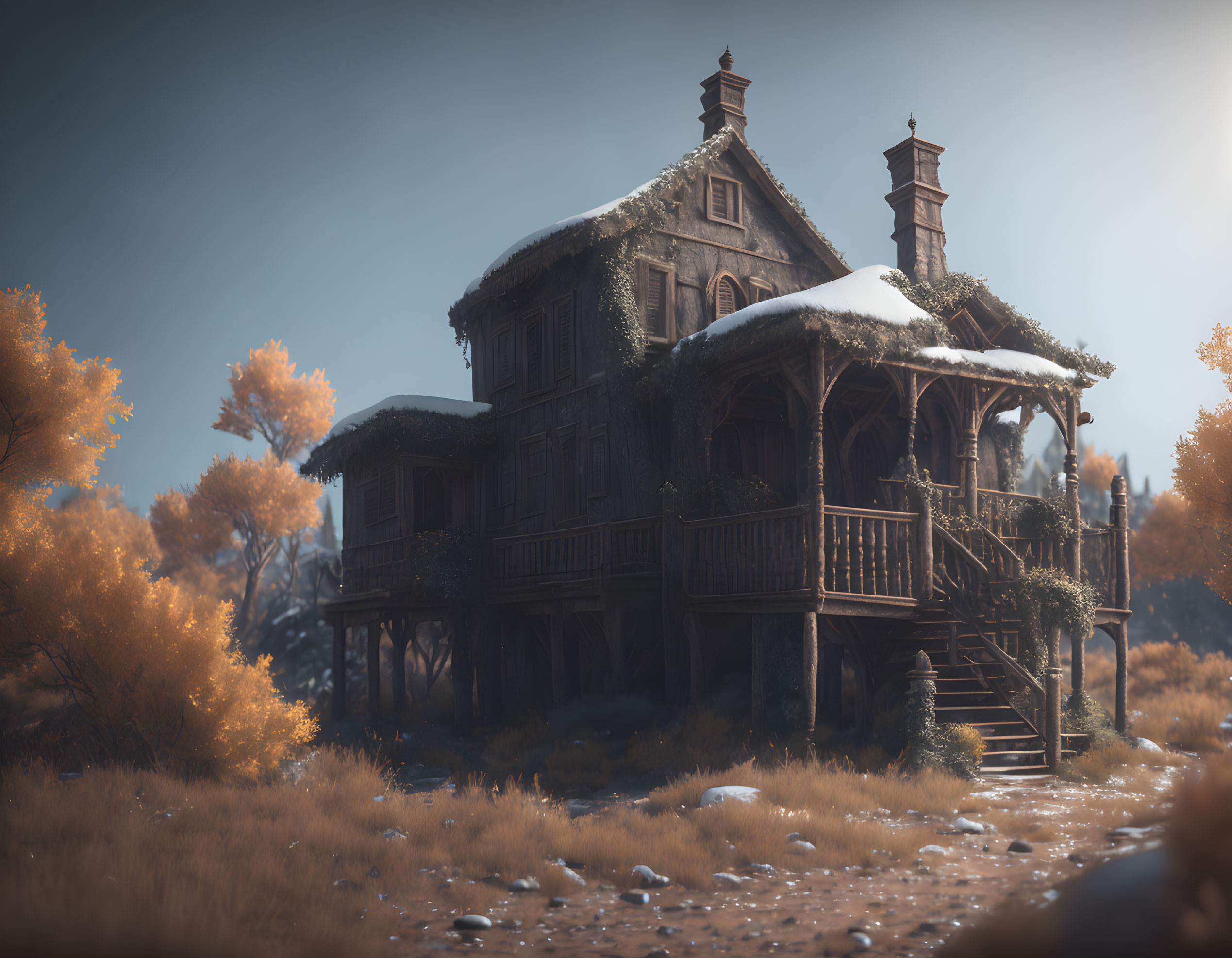 Tranquil autumn landscape with old wooden house and snow-capped roofs