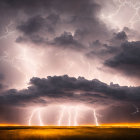 Intense thunderstorm with lightning strikes over golden field