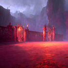 Fantastical landscape with glowing red floor and eerie cliffs