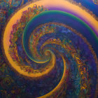 Colorful Abstract Painting with Swirling Purple, Blue, and Gold Patterns