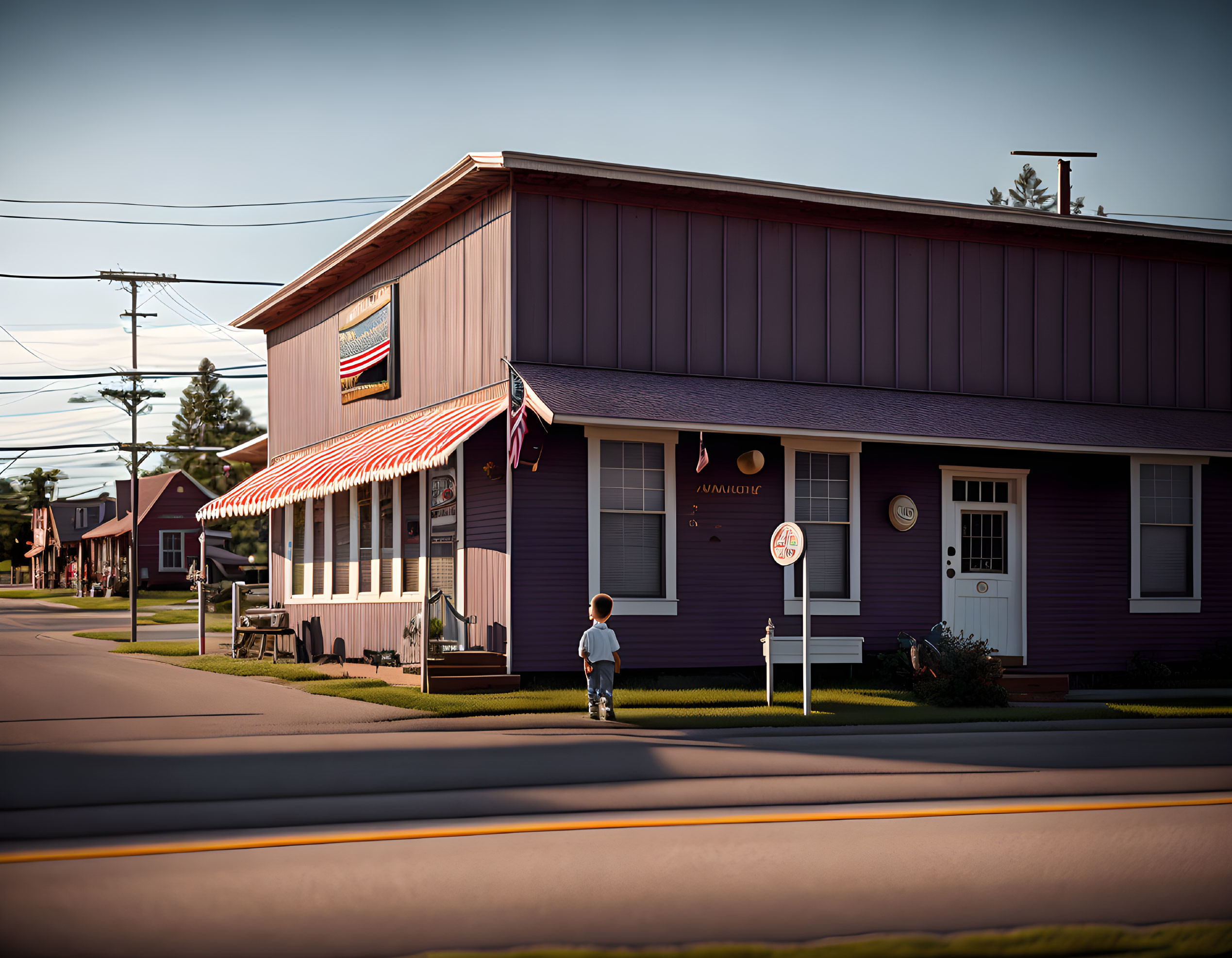 Child near purple building with American flags by road under clear sky