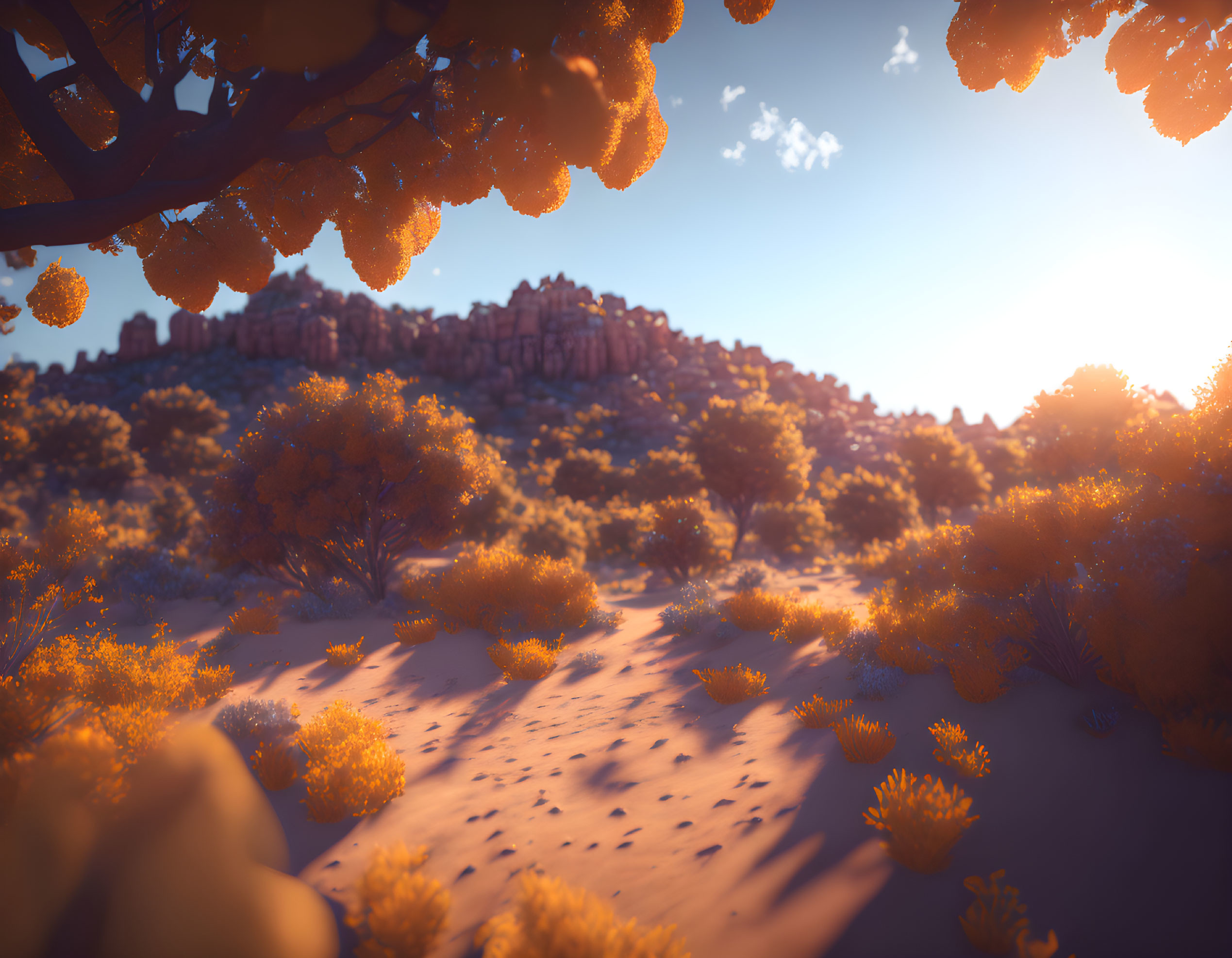 Tranquil desert landscape with orange trees, sandy terrain, and rocky hills