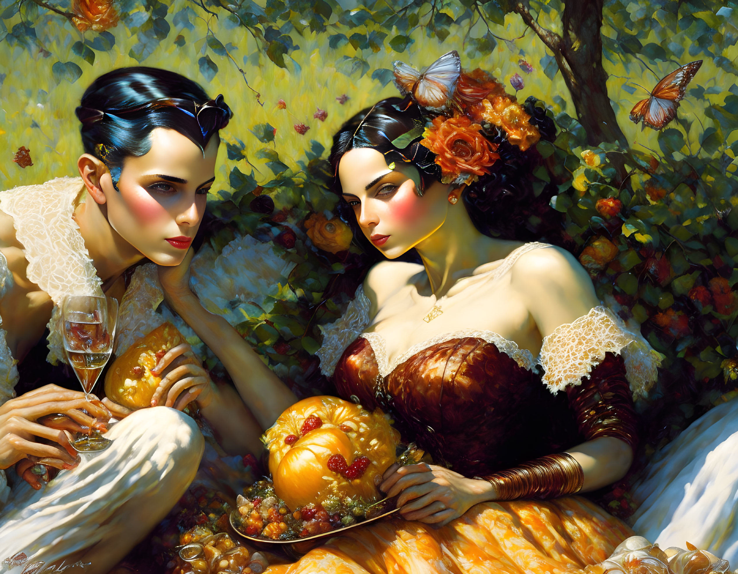 Two elegant women in sunlit garden with butterflies, one holding glass and other with fruit, surrounded by