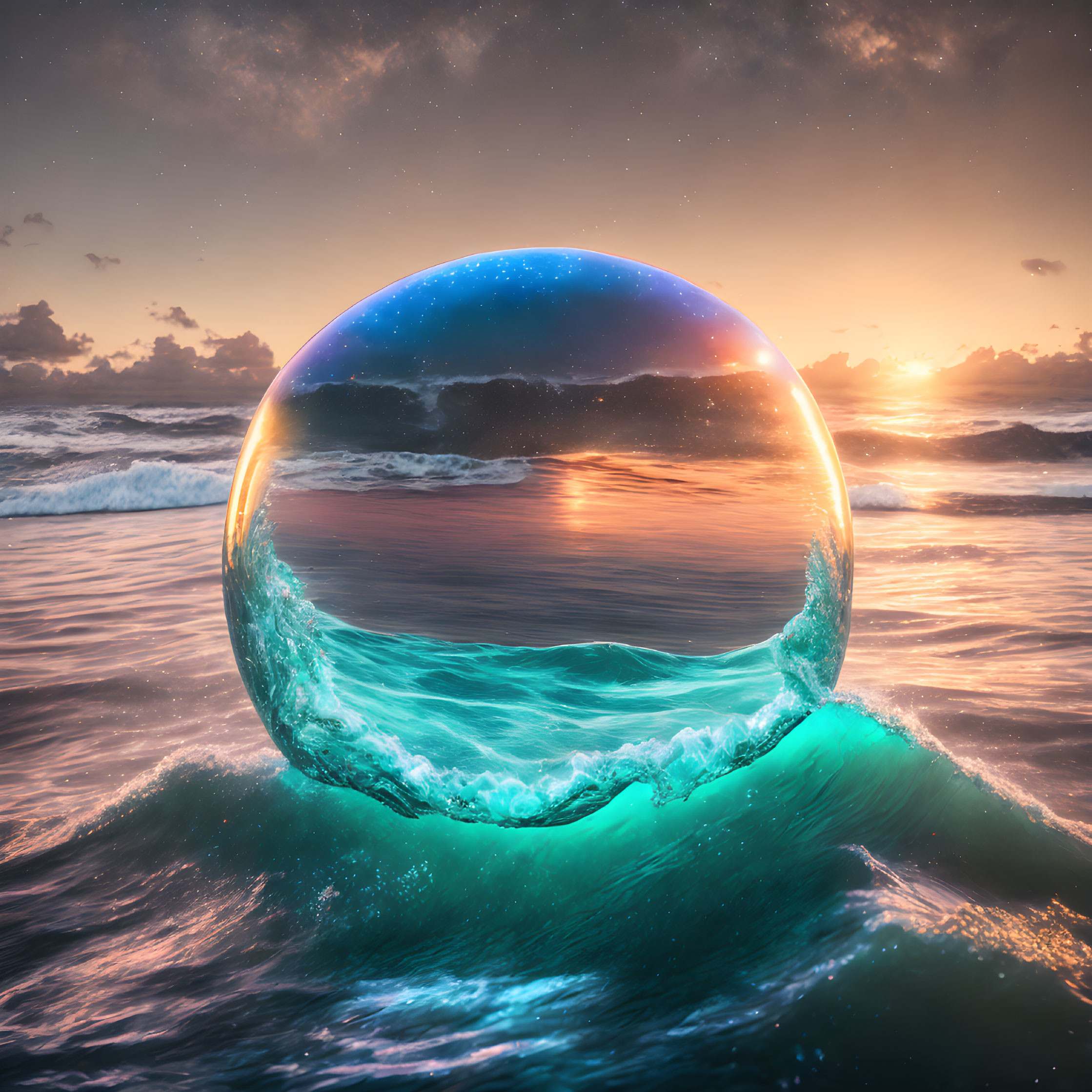 Transparent Sphere with Ocean Wave and Stars in Surreal Sunset Sky