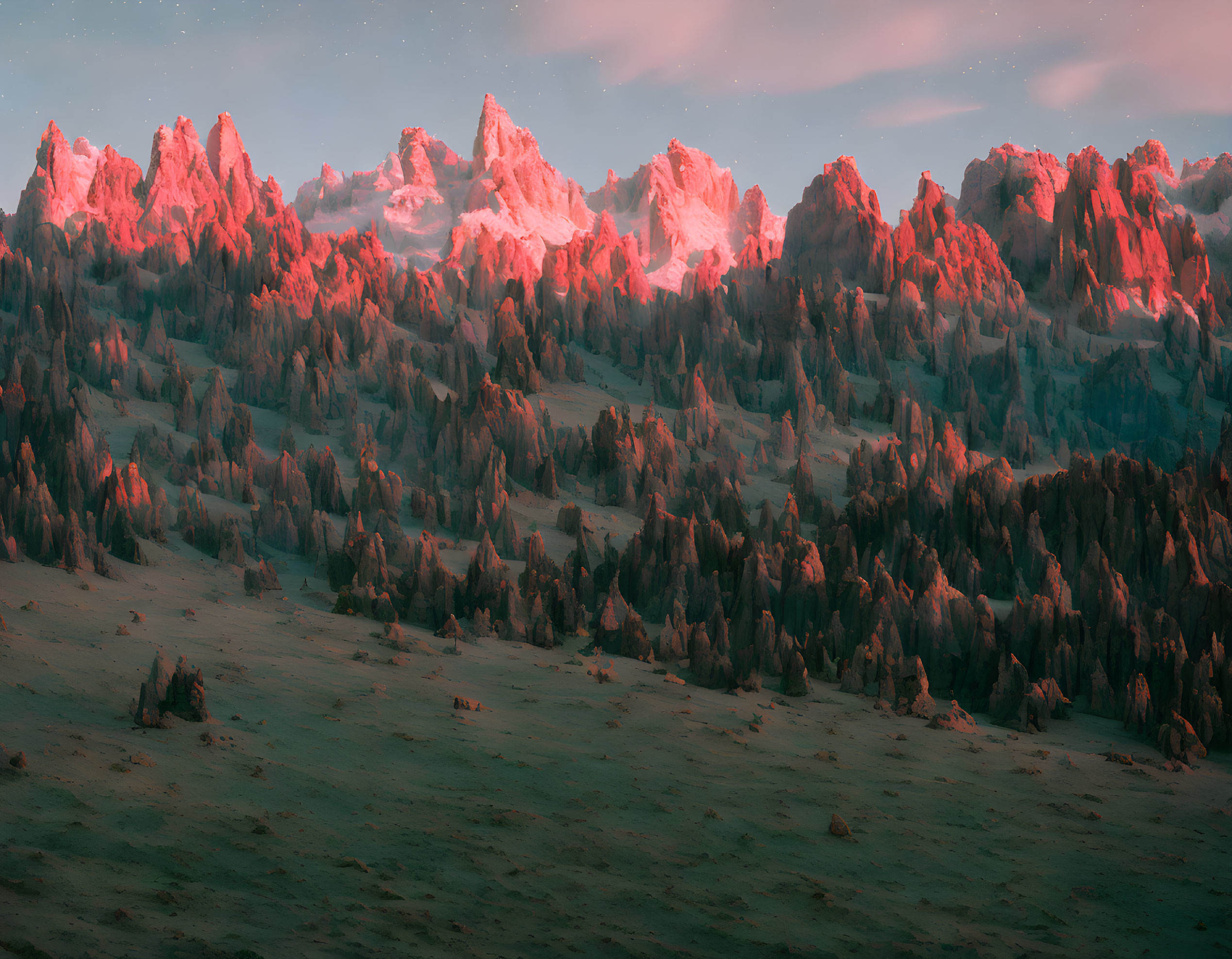 Snow-capped peaks and serene landscape at dusk