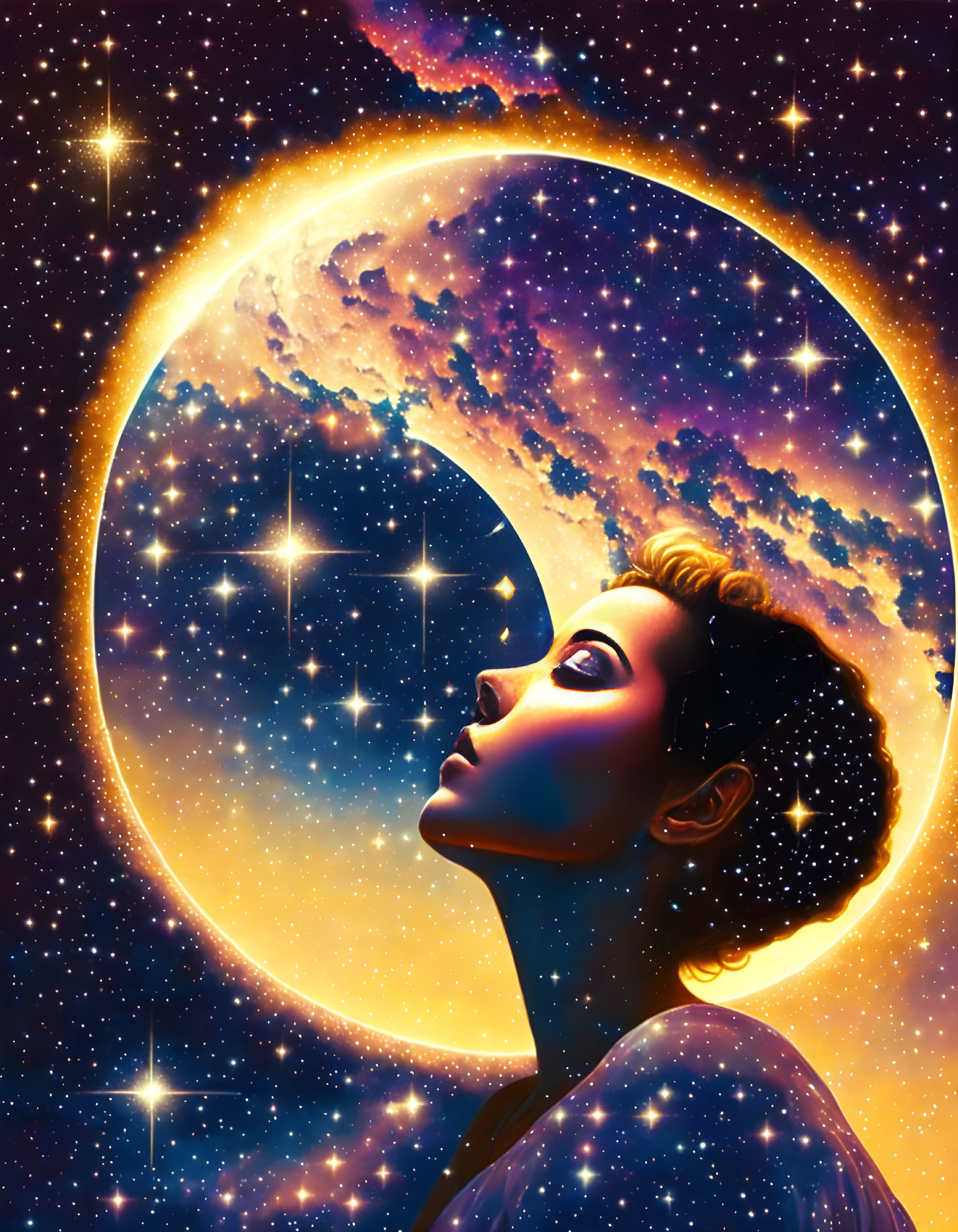 Surreal cosmic illustration of a woman with space and stars silhouette