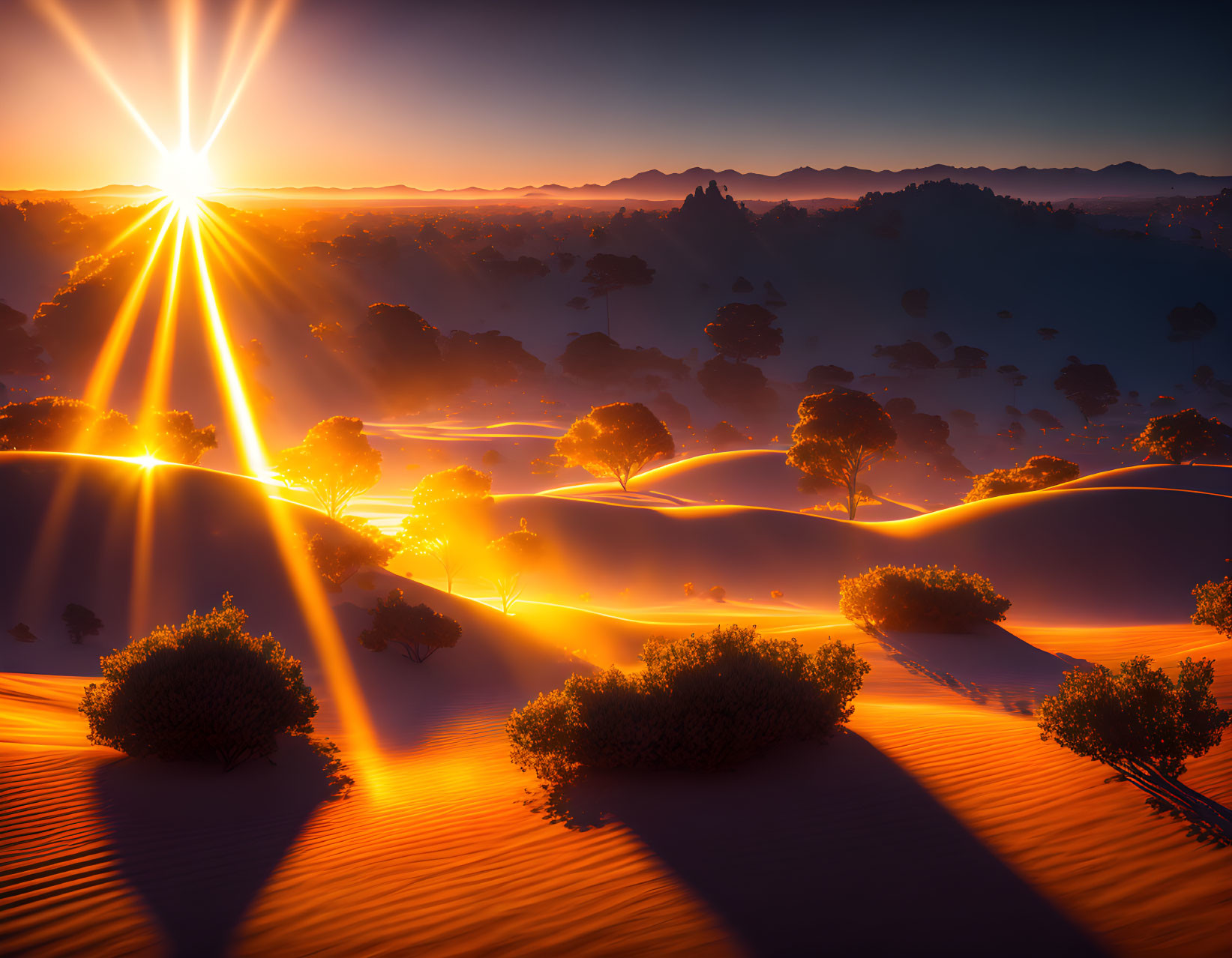 Scenic sunrise over desert landscape with sand dunes and silhouetted trees