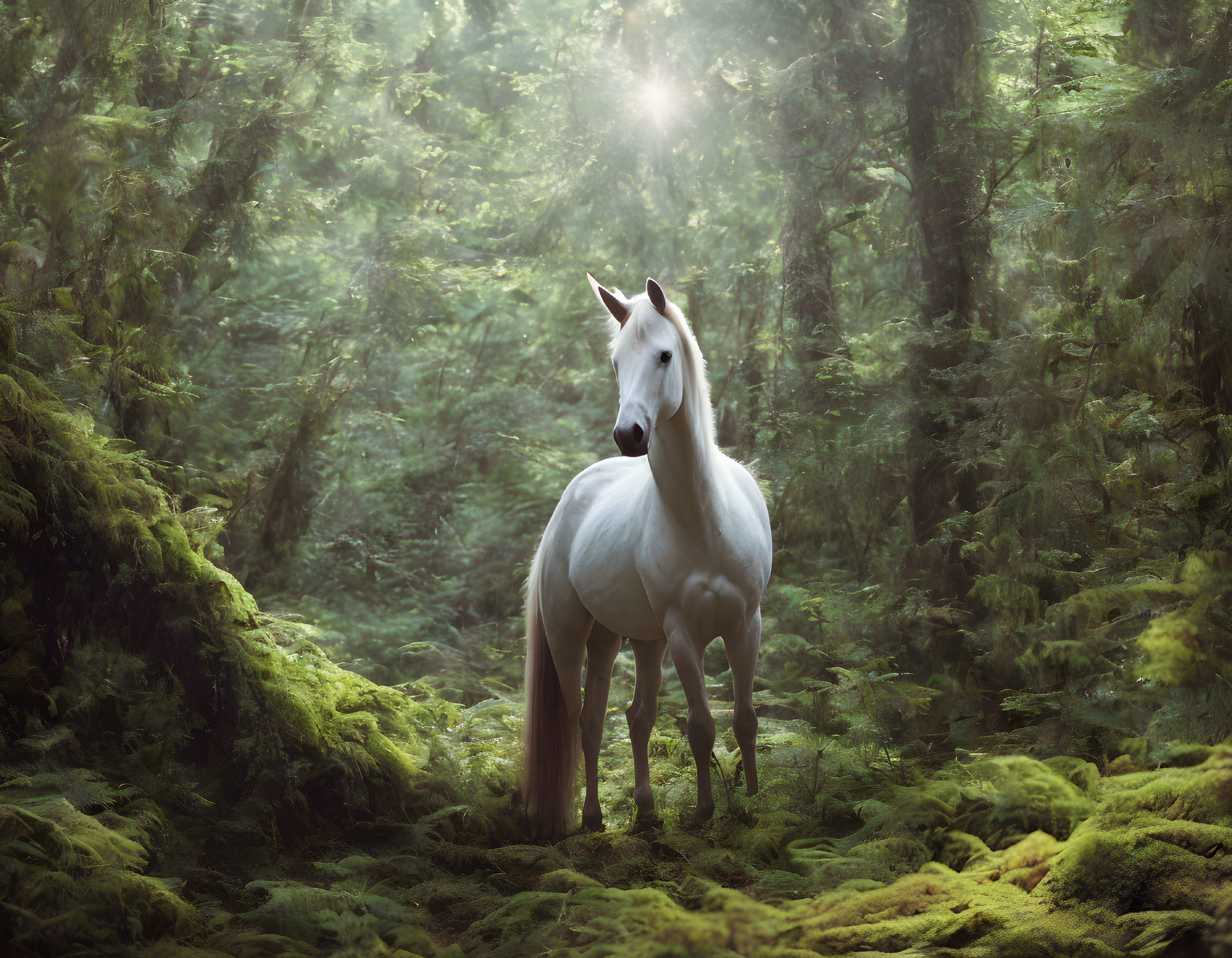 White Horse in Lush Green Forest with Sunlight Filtering