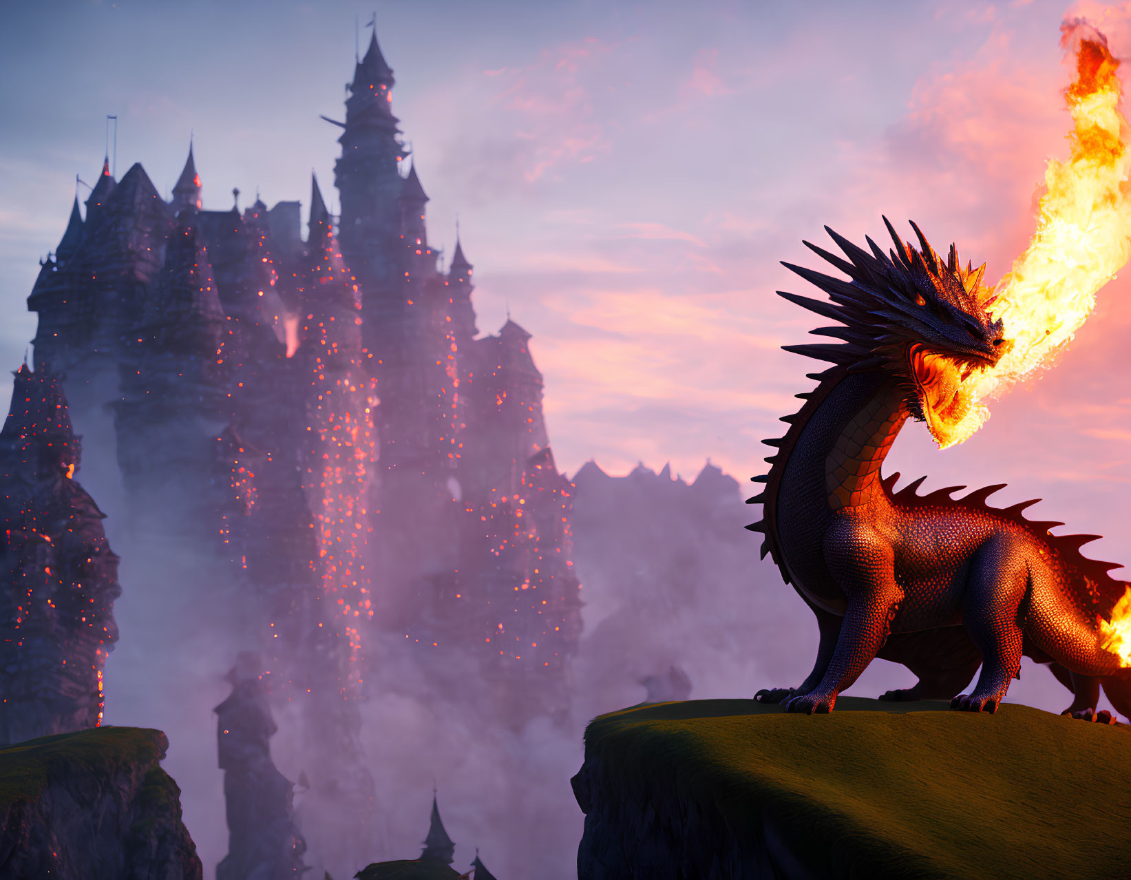 Dragon perched on cliff with fiery castle in twilight landscape