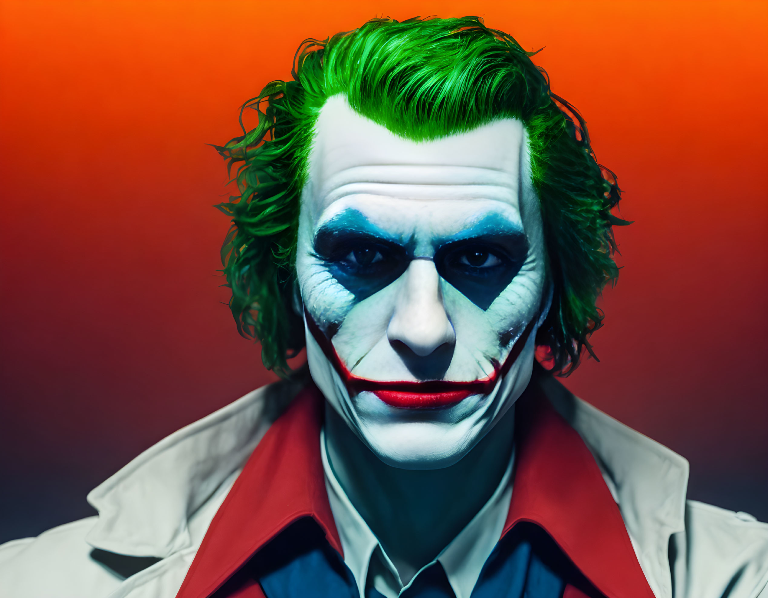 Person in Joker makeup with green hair and red smile on orange-red background