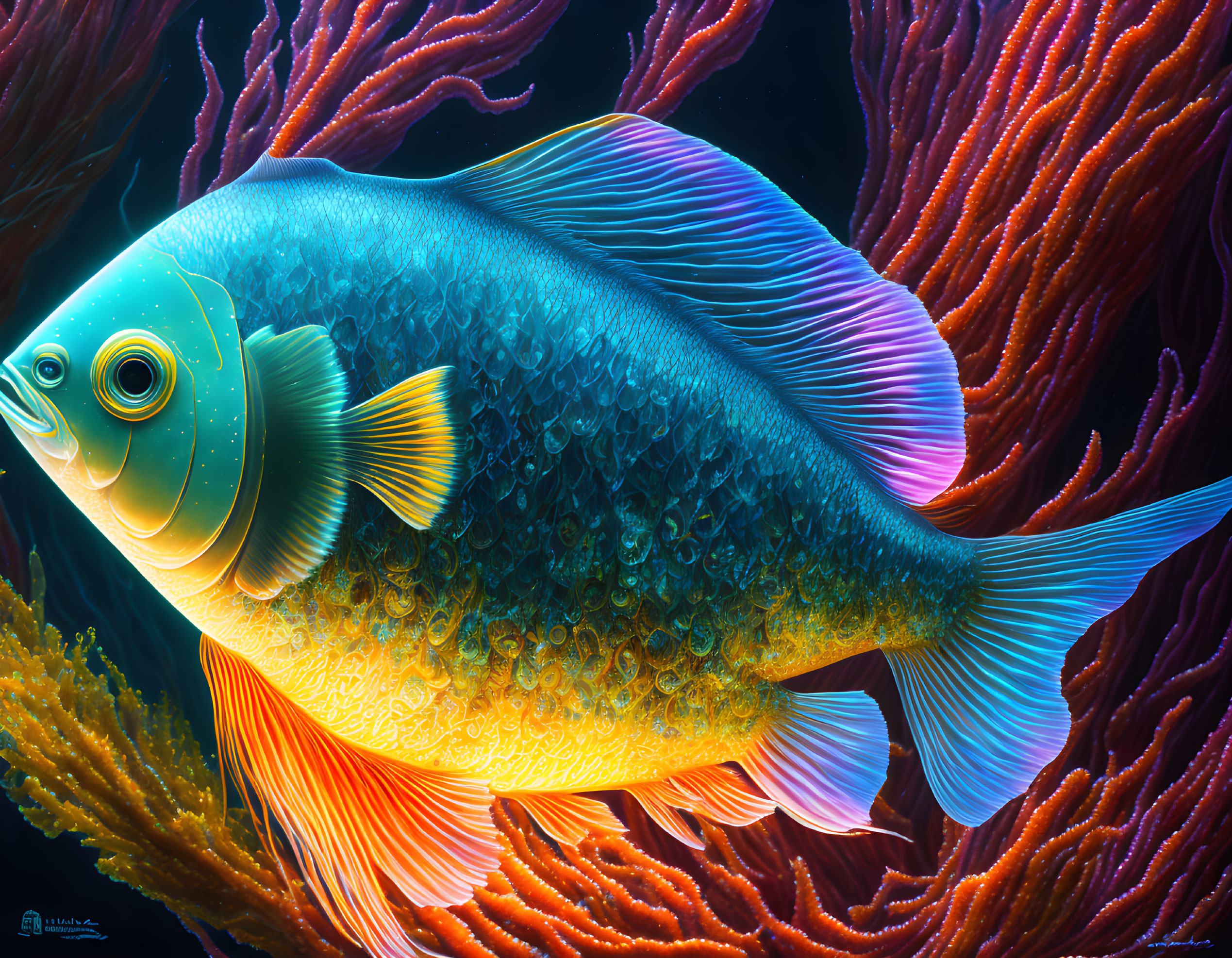 Colorful Fish Illustration with Neon Blue and Orange Hues Among Red and Orange Coral Structures