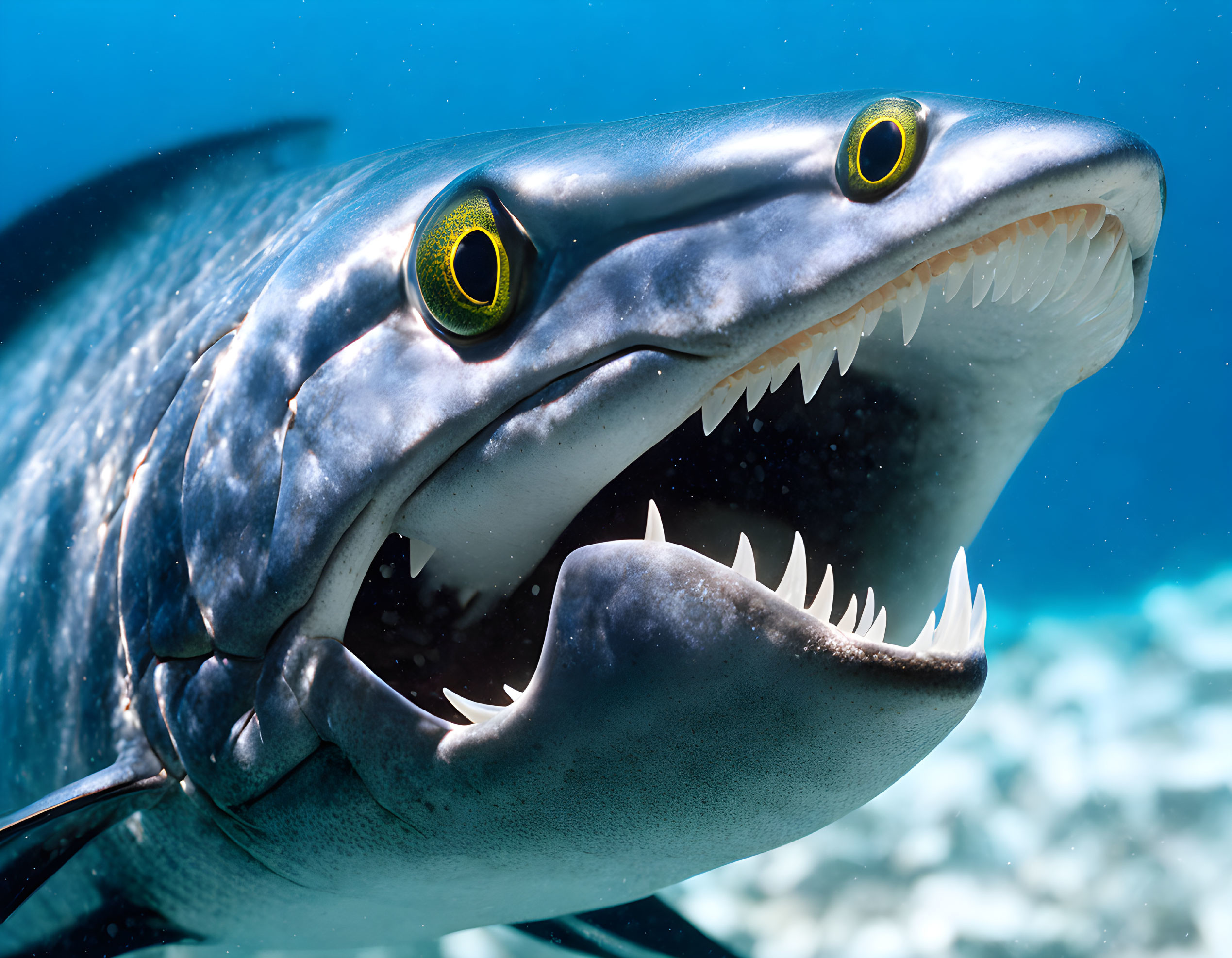 Fierce barracuda with sharp teeth and yellow eyes underwater