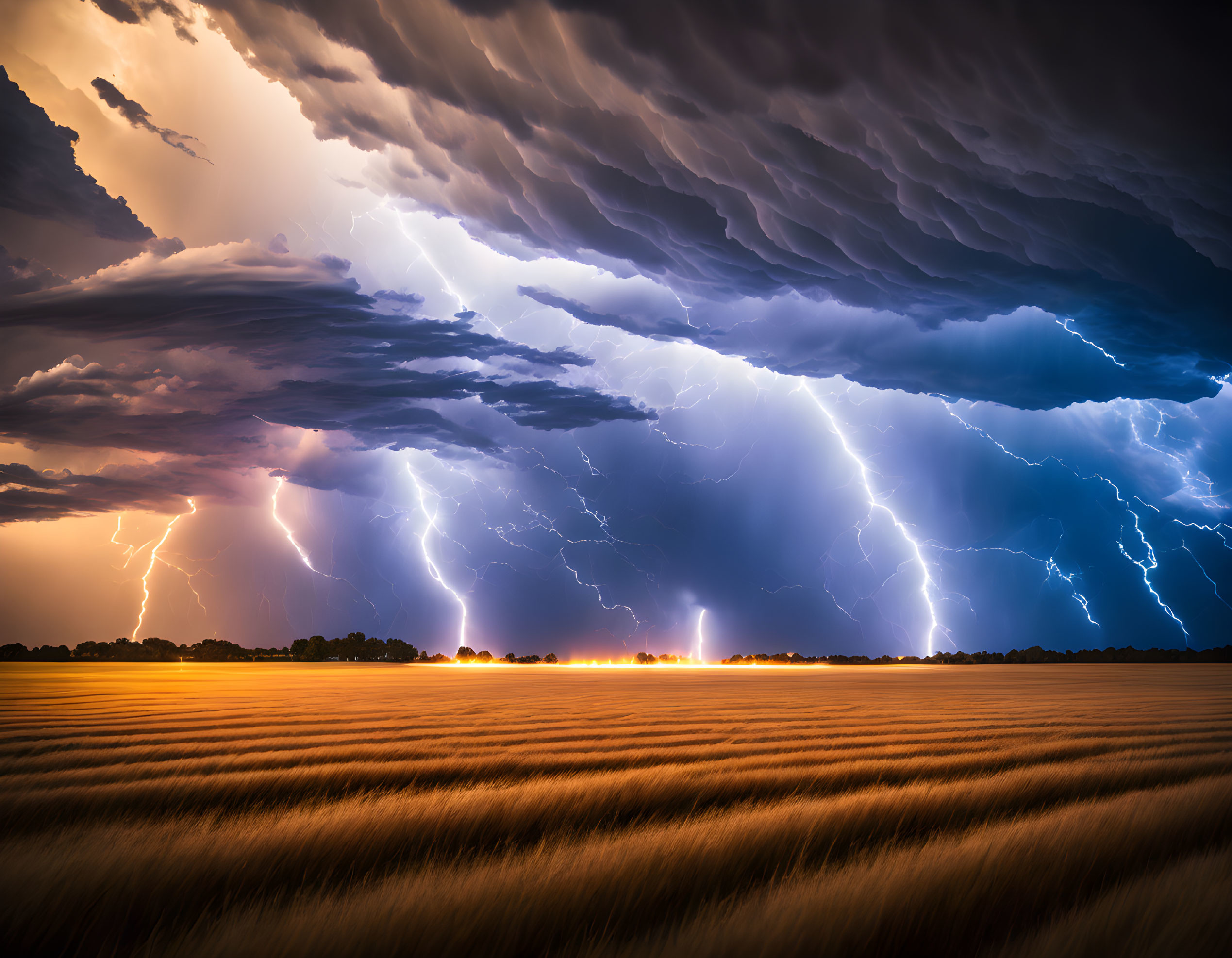 Thunderstorm with Lightning Strikes Over Golden Wheat Field