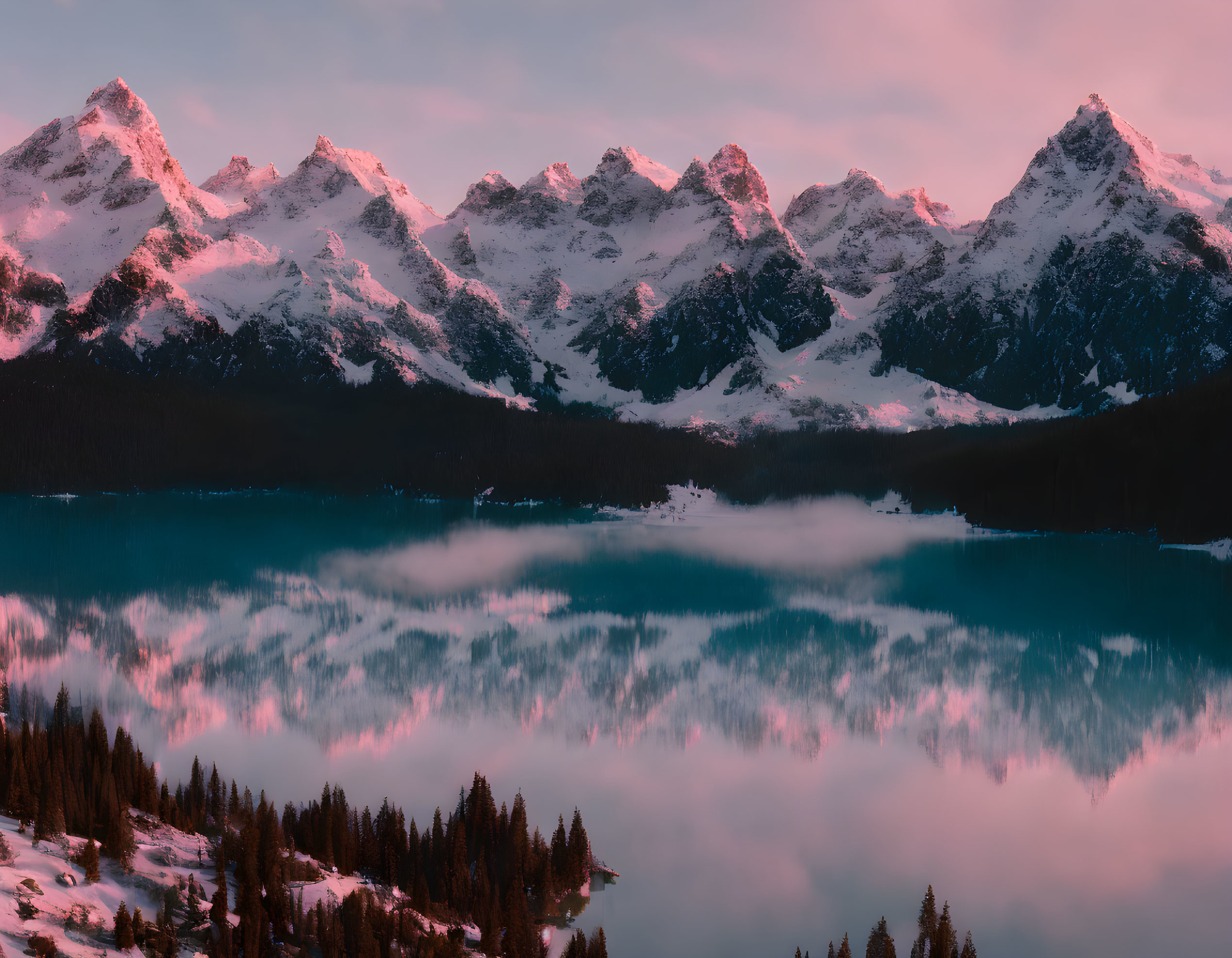 Snow-capped mountains glowing in alpenglow above serene lake with mist and pine trees at dawn