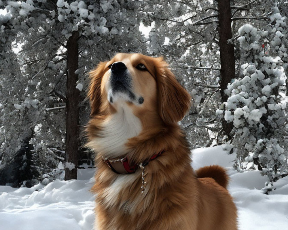 Golden dog in snowy forest with thoughtful expression