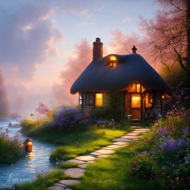 Thatched Cottage with Lit Windows in Twilight Setting