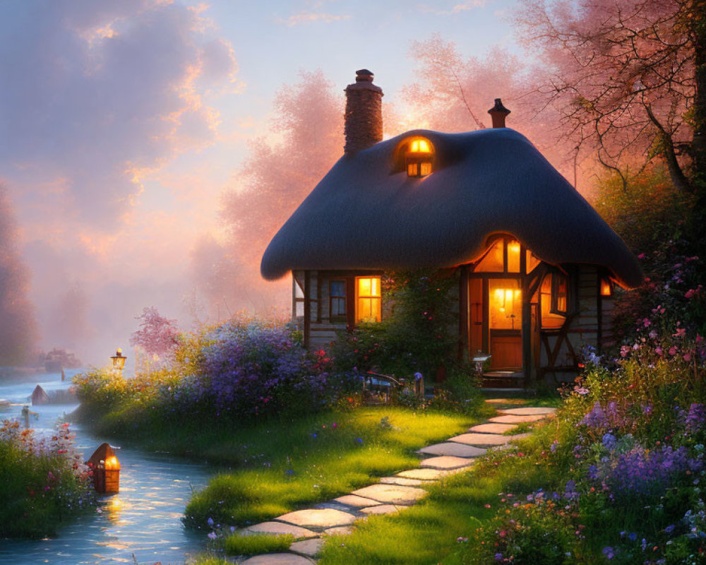 Thatched Cottage with Lit Windows in Twilight Setting