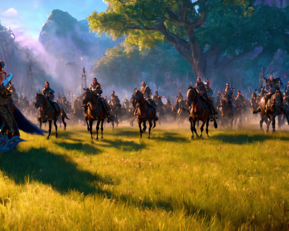 Animated knights on horses ride through vibrant enchanted forest