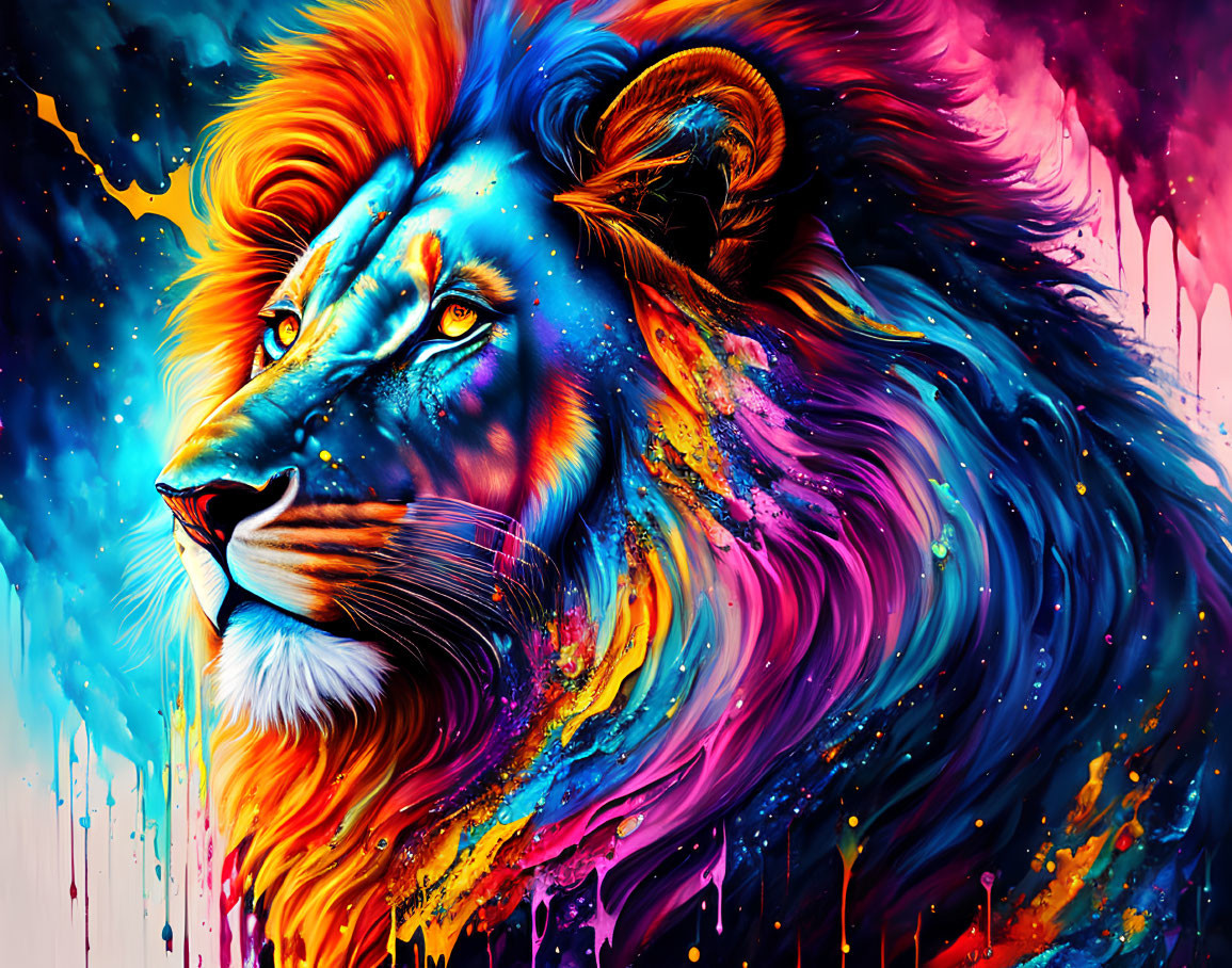 Colorful Lion Artwork with Vibrant Mane and Abstract Background