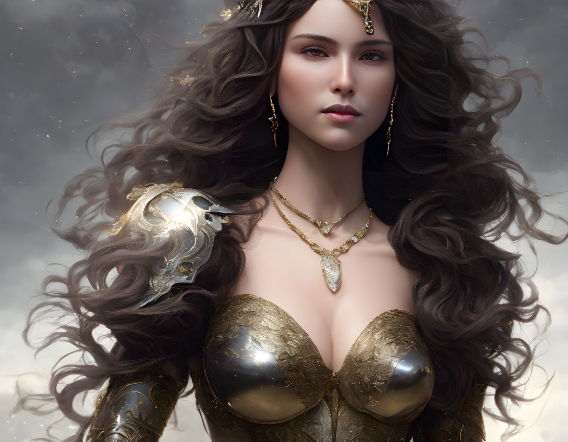 Female warrior in golden armor with dark hair under stormy sky