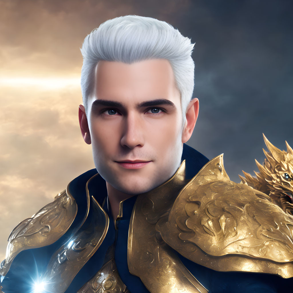 Male character in white hair and golden armor against dramatic sky