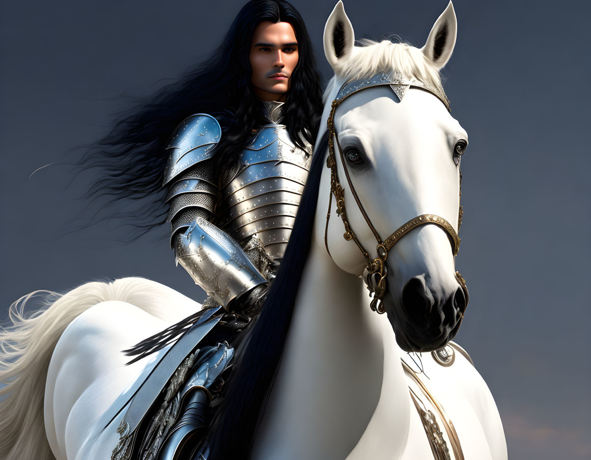 Long-Haired Armored Warrior on White Horse in Digital Art