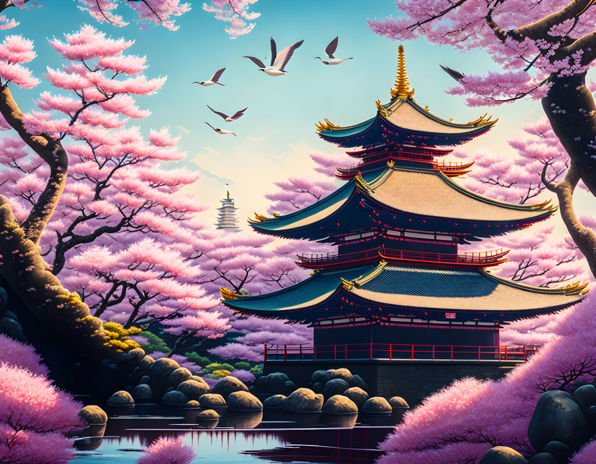 Traditional Pagoda Surrounded by Cherry Blossoms and Pond