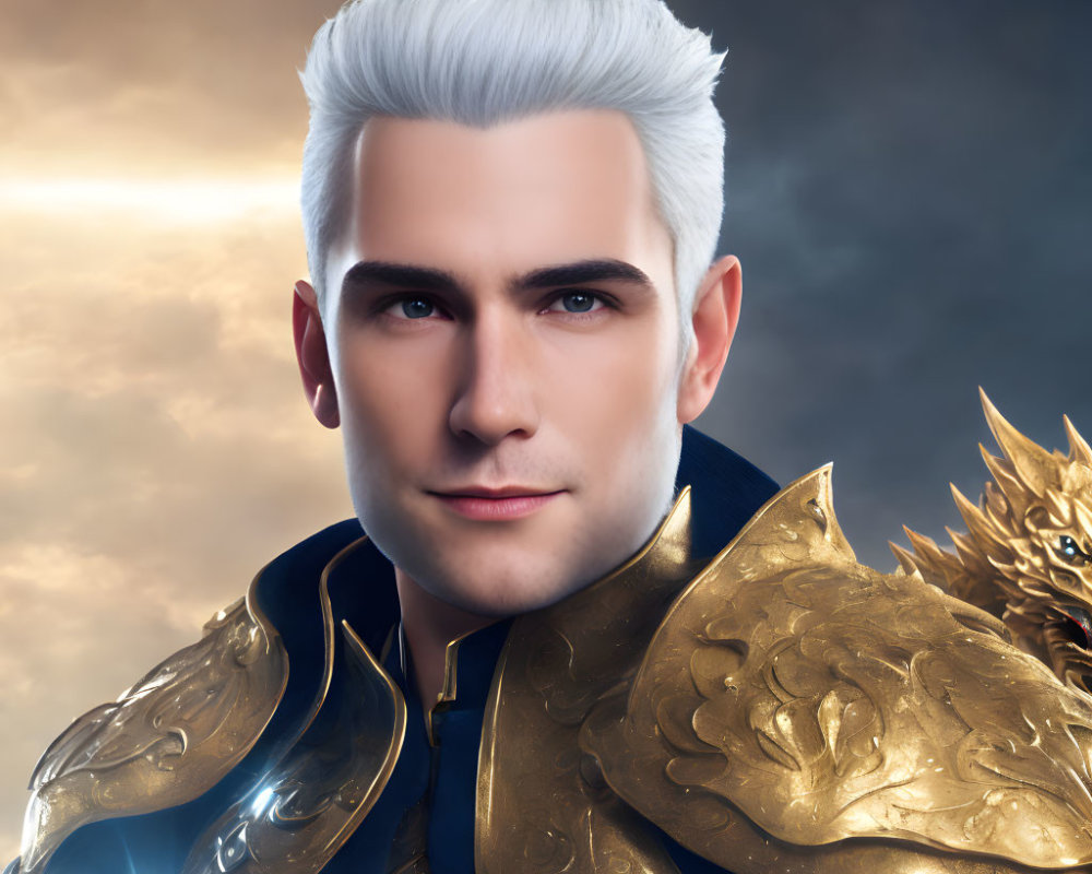 Male character in white hair and golden armor against dramatic sky