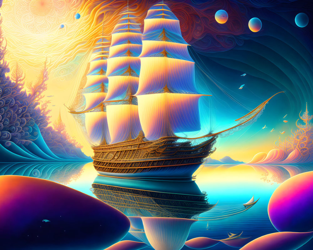 Colorful surreal artwork: Tall ship on calm waters amidst fantastical backdrop