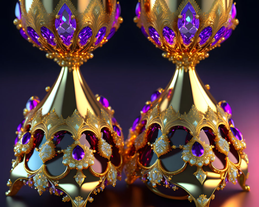 Ornate Golden Goblets with Purple Gemstones and Filigree Patterns