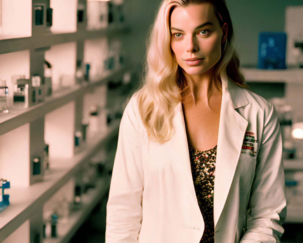 Blonde Woman in Lab Coat in Laboratory Setting
