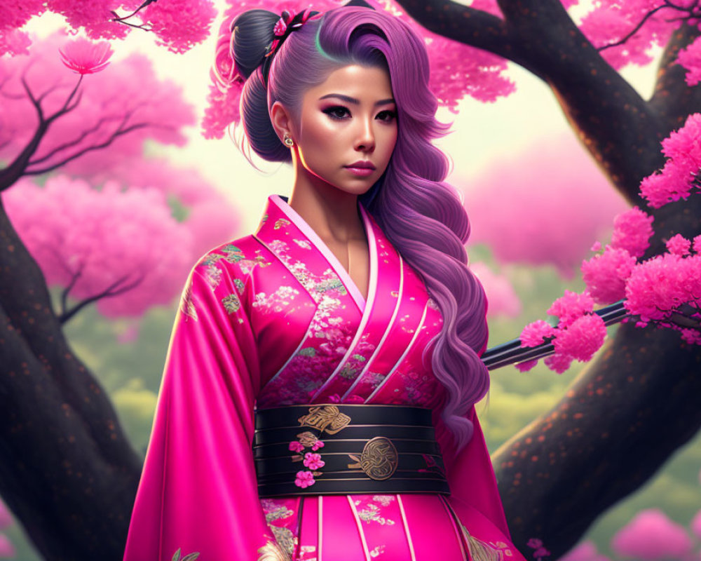 Digital artwork: Woman with purple hair in bun, wearing pink kimono with gold accents, surrounded by