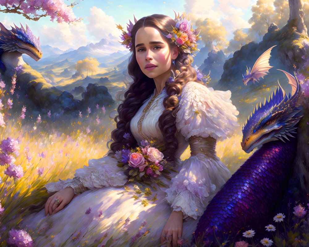 Young woman with floral crown surrounded by small dragons in meadow with sunlight.