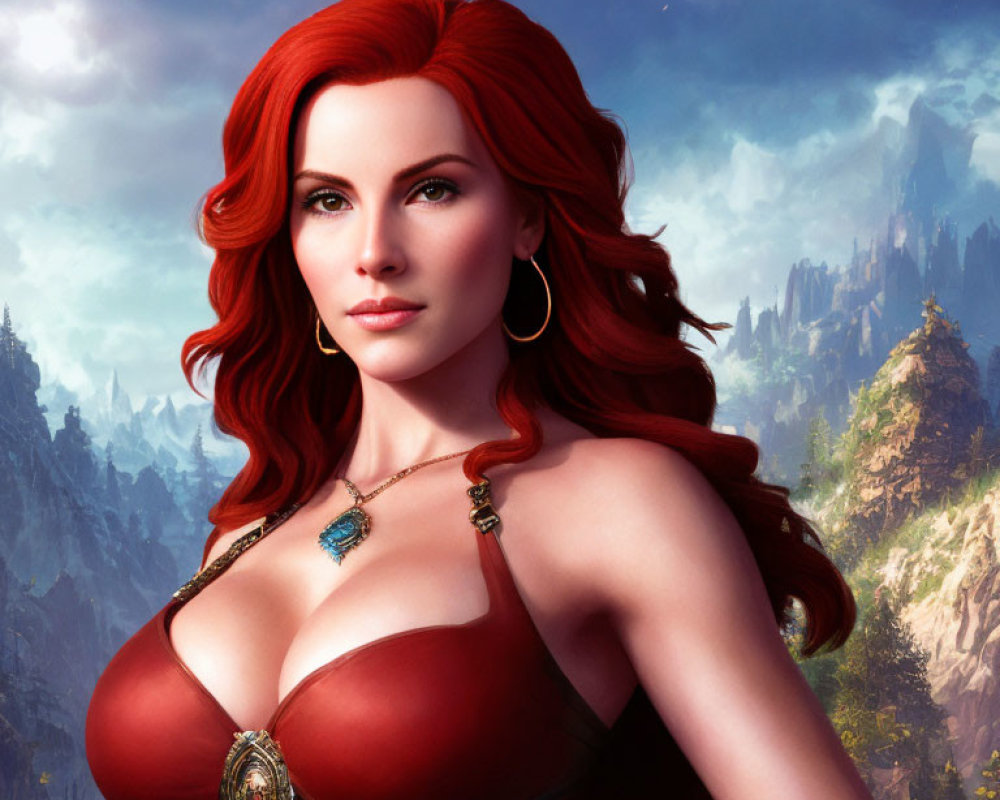 Digital illustration: Woman with red hair and green eyes in red top, gold jewelry, against fantastical