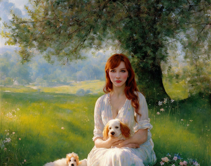Red-haired woman in white dress with two fluffy dogs under tree in sunlit meadow
