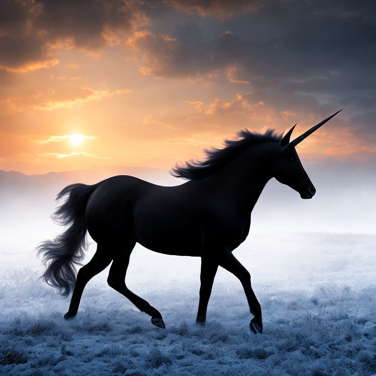 Silhouette of unicorn galloping in misty landscape at sunset