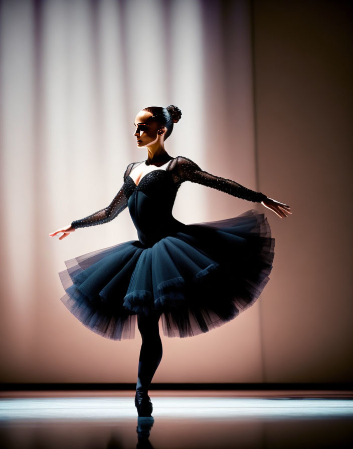 Ballerina in Black Tutu and Bodice Performing on Stage
