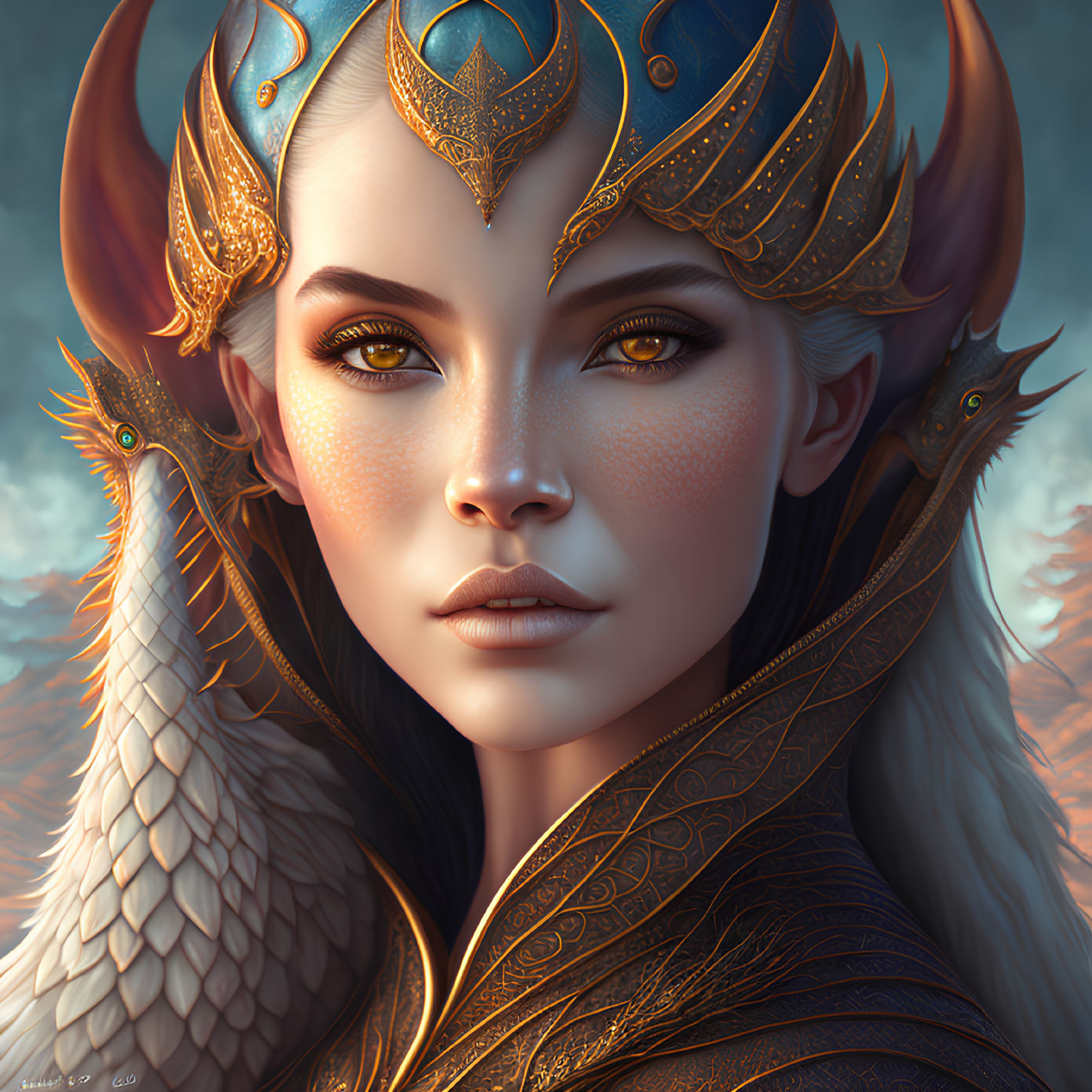 Fantasy Female Portrait with Ornate Golden Headgear and Intricate Bird Motifs