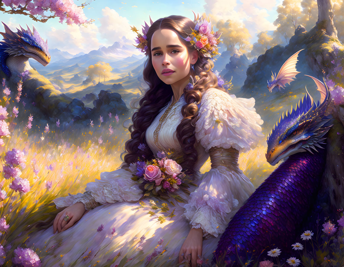 Young woman with floral crown surrounded by small dragons in meadow with sunlight.