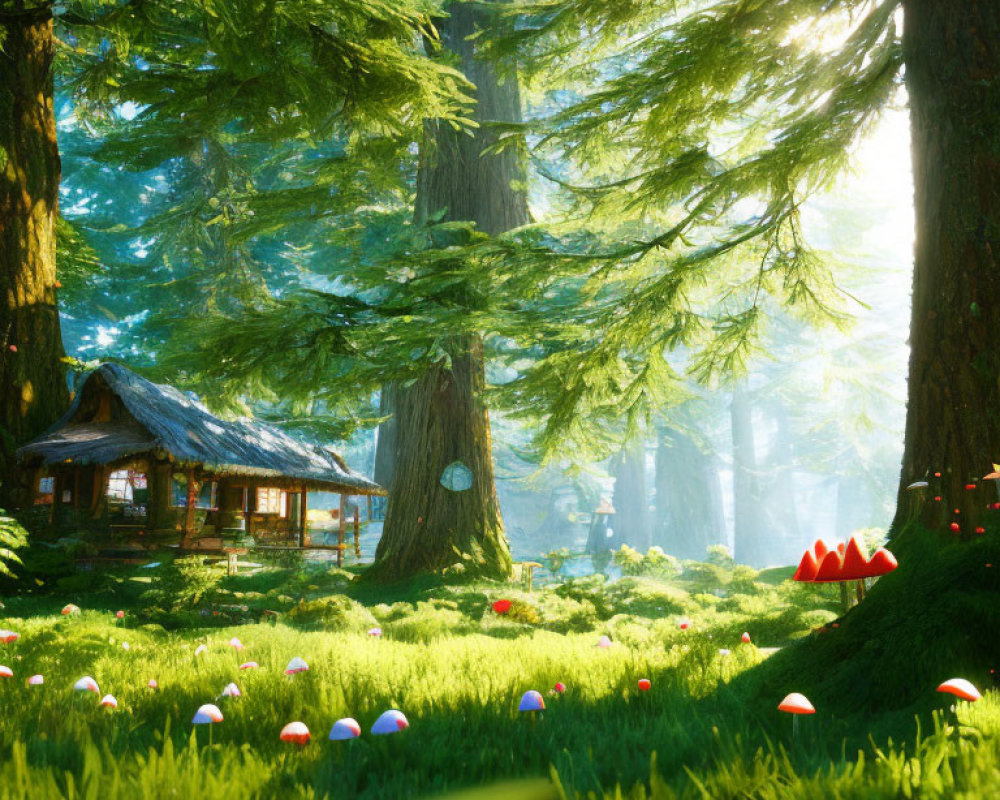 Tranquil forest scene with sunlight, cabin, and colorful mushrooms