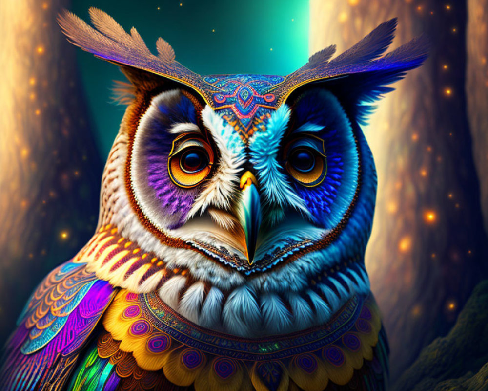 Colorful Owl Artwork in Mystical Forest Scene