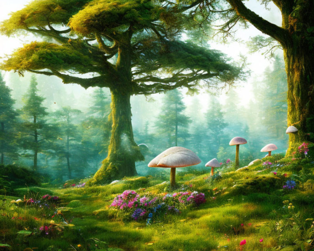 Enchanted forest with oversized mushrooms and vibrant flowers