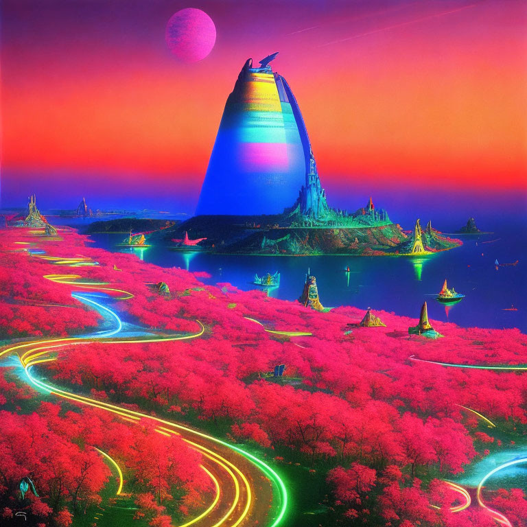 Colorful fantasy landscape with neon-blue pyramid, pink roads, and large moon in gradient sunset sky