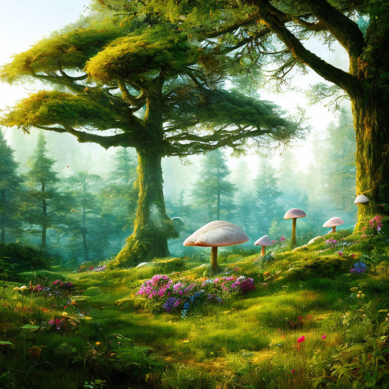 Enchanted forest with oversized mushrooms and vibrant flowers