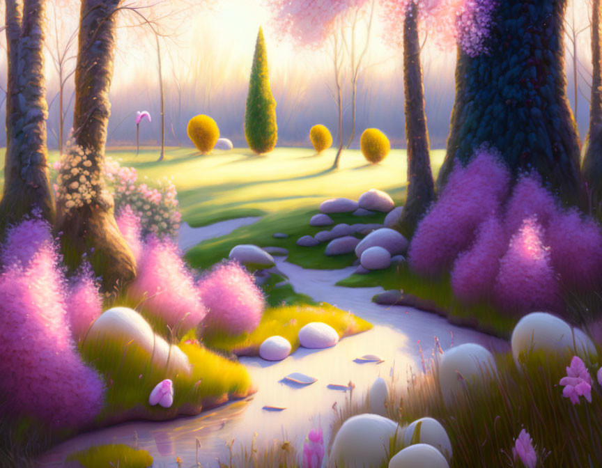 Tranquil fantasy garden with pink flora, yellow bushes, white stones, and meandering stream at