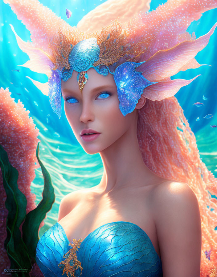 Blue-skinned mermaid-like creature with coral elements in underwater scene