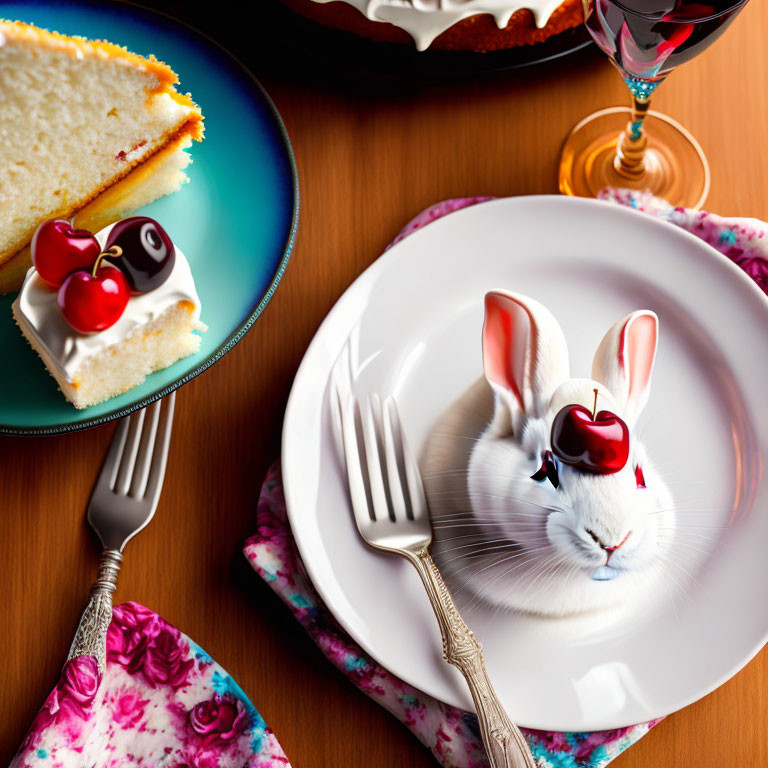 Whimsical dining setup with cake, rabbit illustration, and glassware