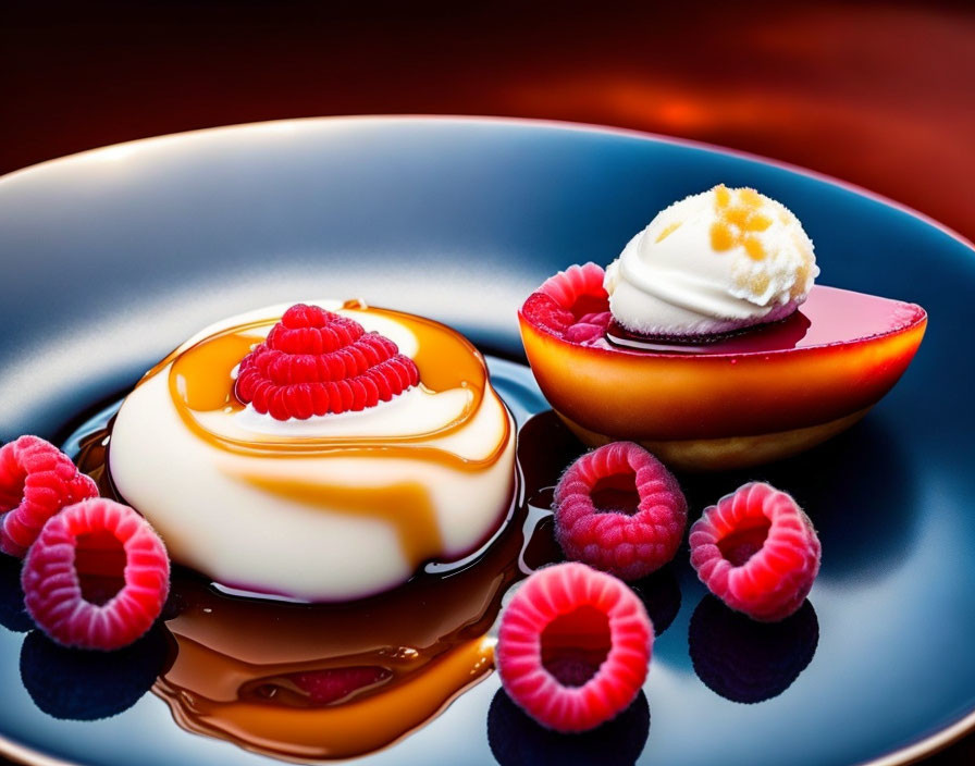 Gourmet dessert display with panna cotta, caramel, raspberries, and fruit jelly