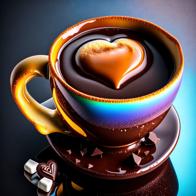 Glossy coffee cup with heart-shaped foam on saucer, heart chocolates, gradient backdrop