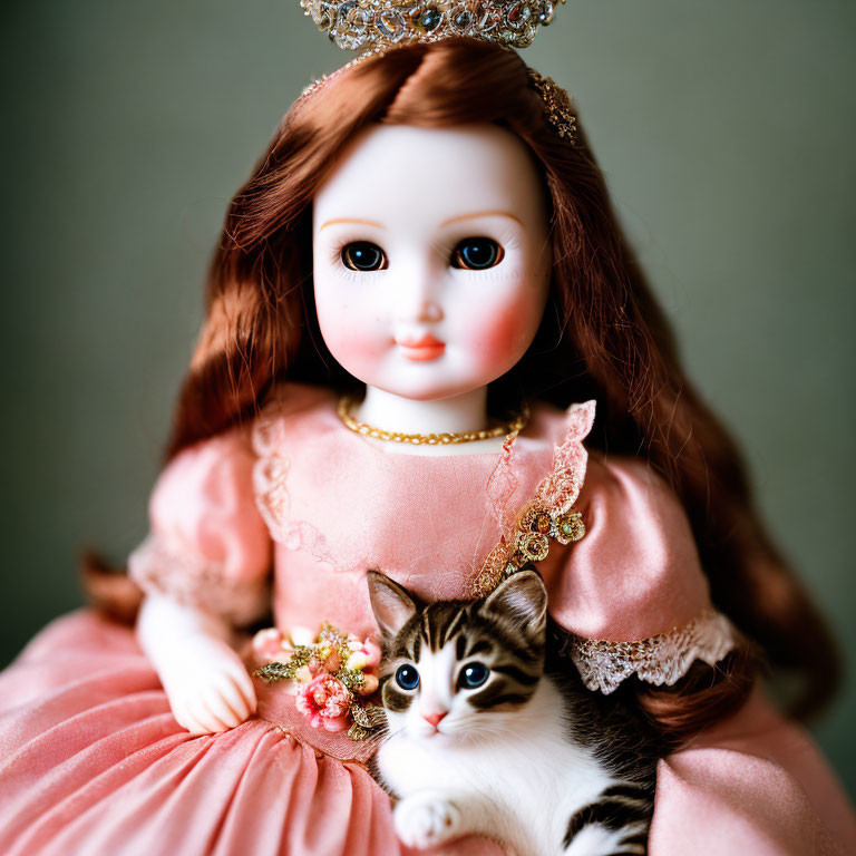 Porcelain doll in pink dress holding brown and white kitten